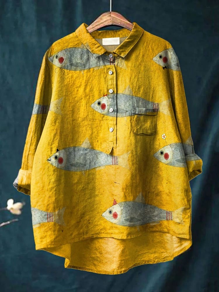 Elena - Vintage Fish Art Print Cotton-Linen Shirt