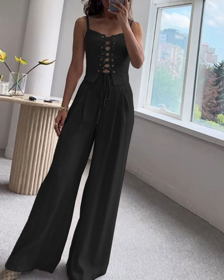 Tracy - Elegant Front Lace Up Top and Wide Leg Pants Set