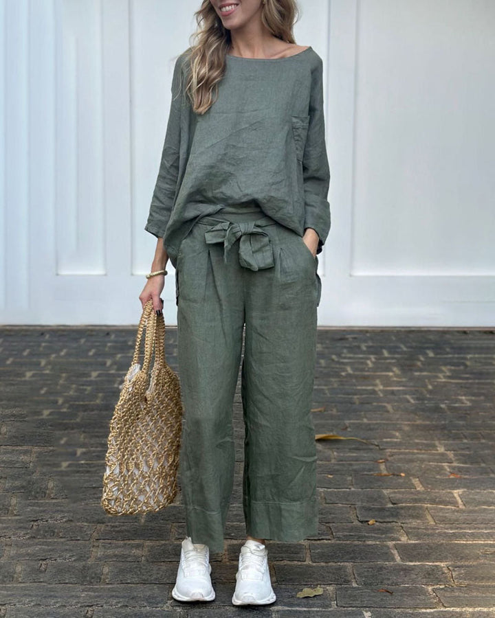 Maine - Casual Long Sleeve Top and Belted Pants Set