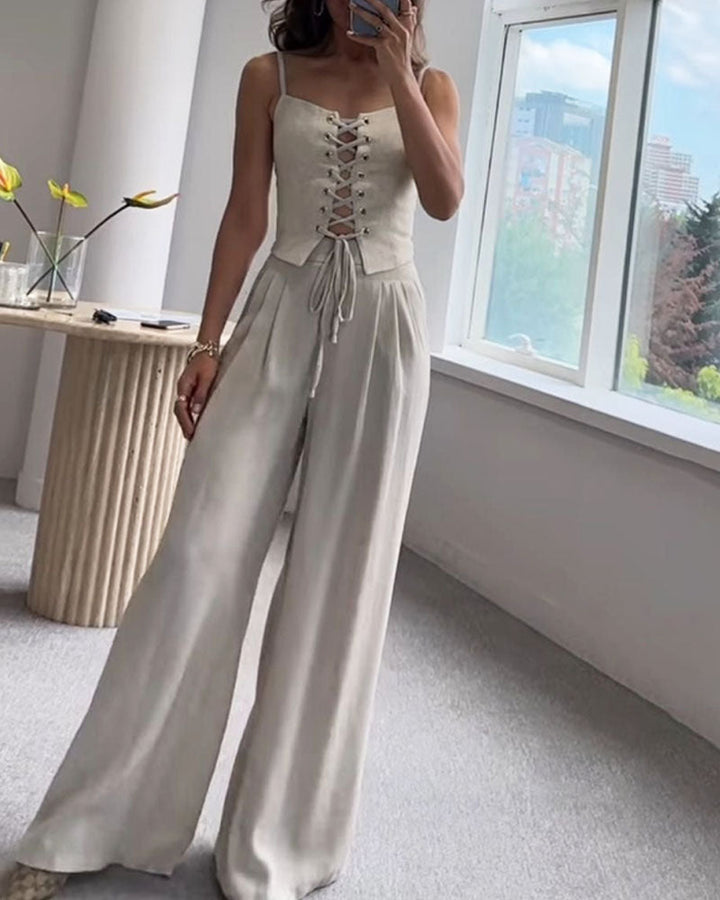 Tracy - Elegant Front Lace Up Top and Wide Leg Pants Set