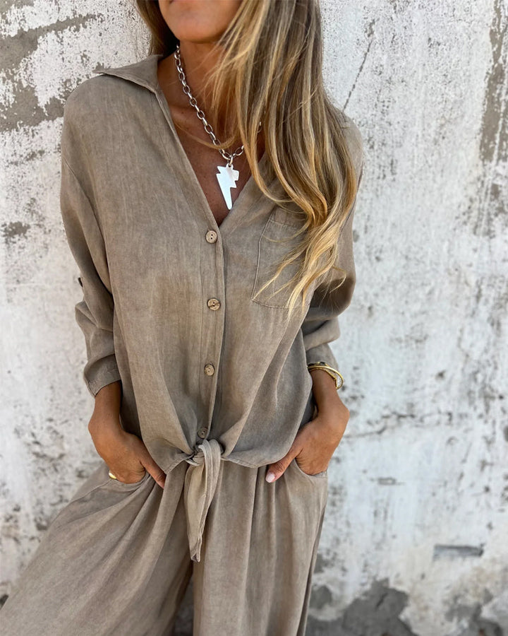 Alodia - Oversized Button Down Shirt and Wide Leg Pants Set