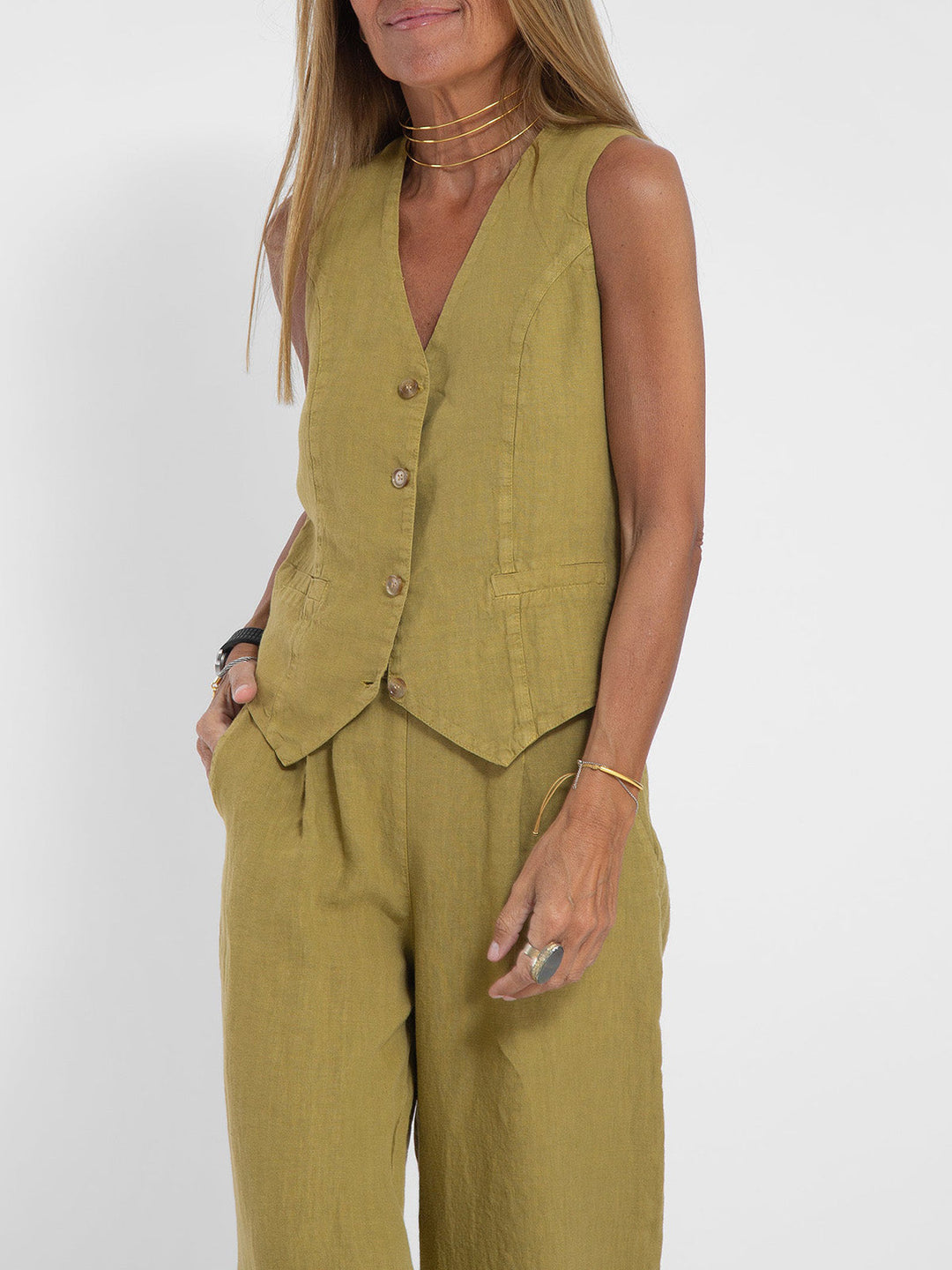 Jamil - Stylish Button Down Vest and Wide Leg Pants Set