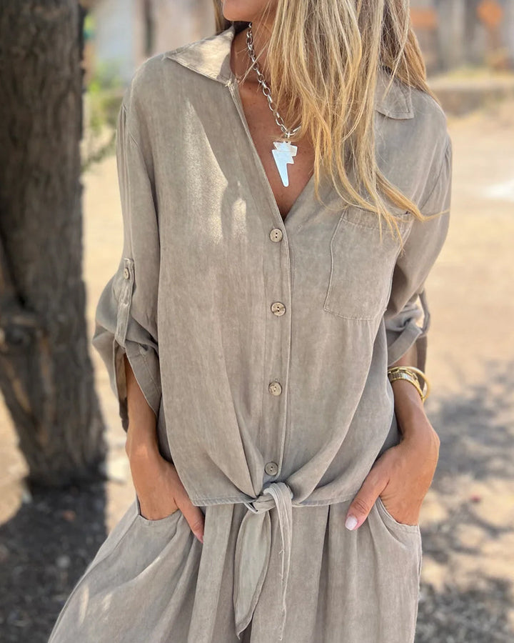 Alodia - Oversized Button Down Shirt and Wide Leg Pants Set