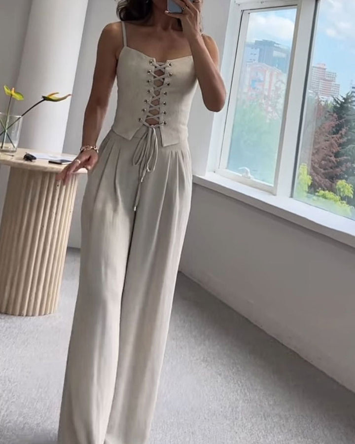 Tracy - Elegant Front Lace Up Top and Wide Leg Pants Set