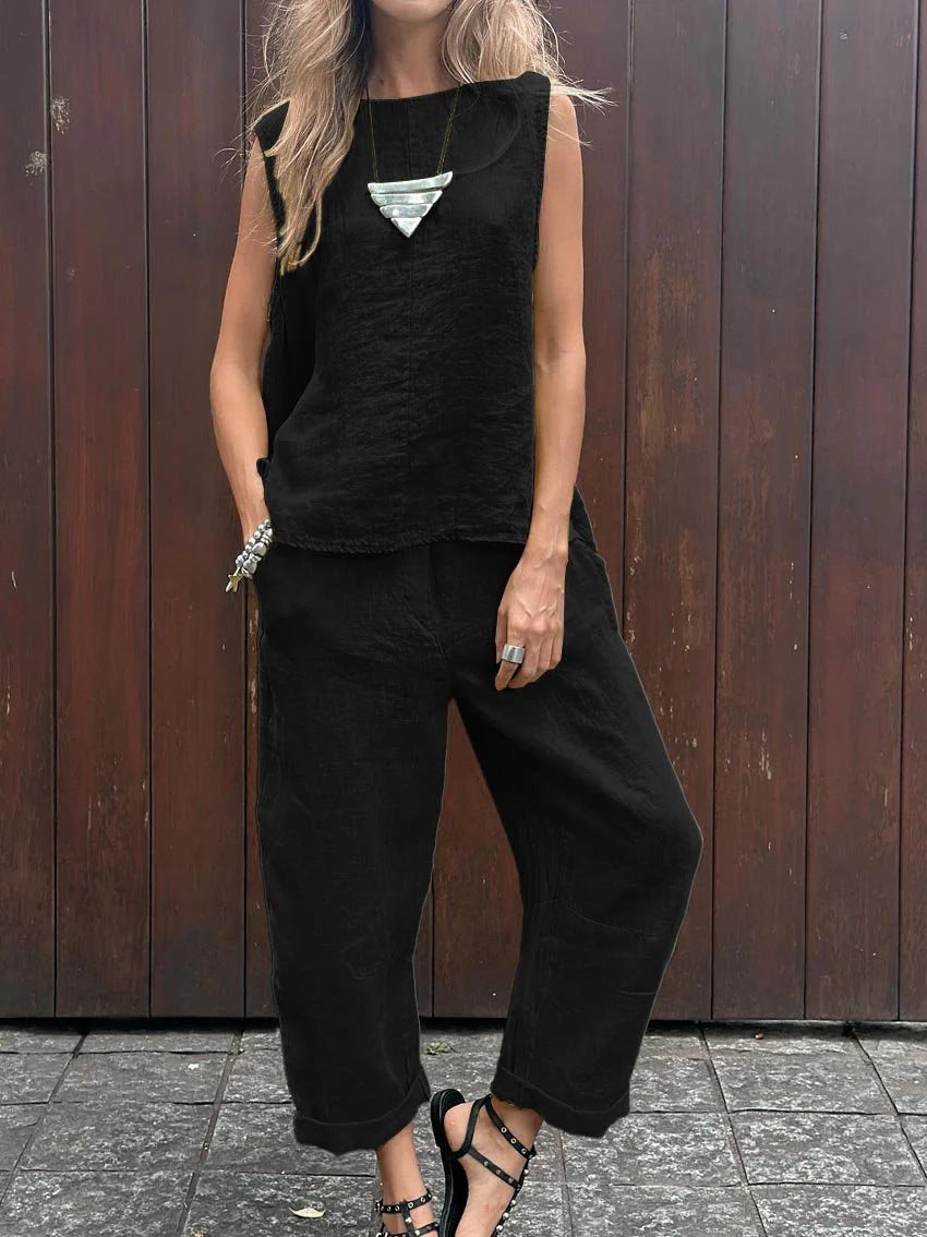 Jemaica - Plain Sleeveless Top and Pants Set