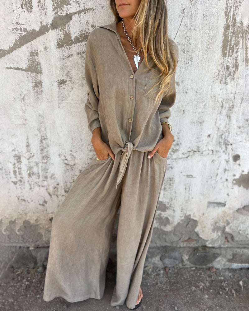 Alodia - Oversized Button Down Shirt and Wide Leg Pants Set