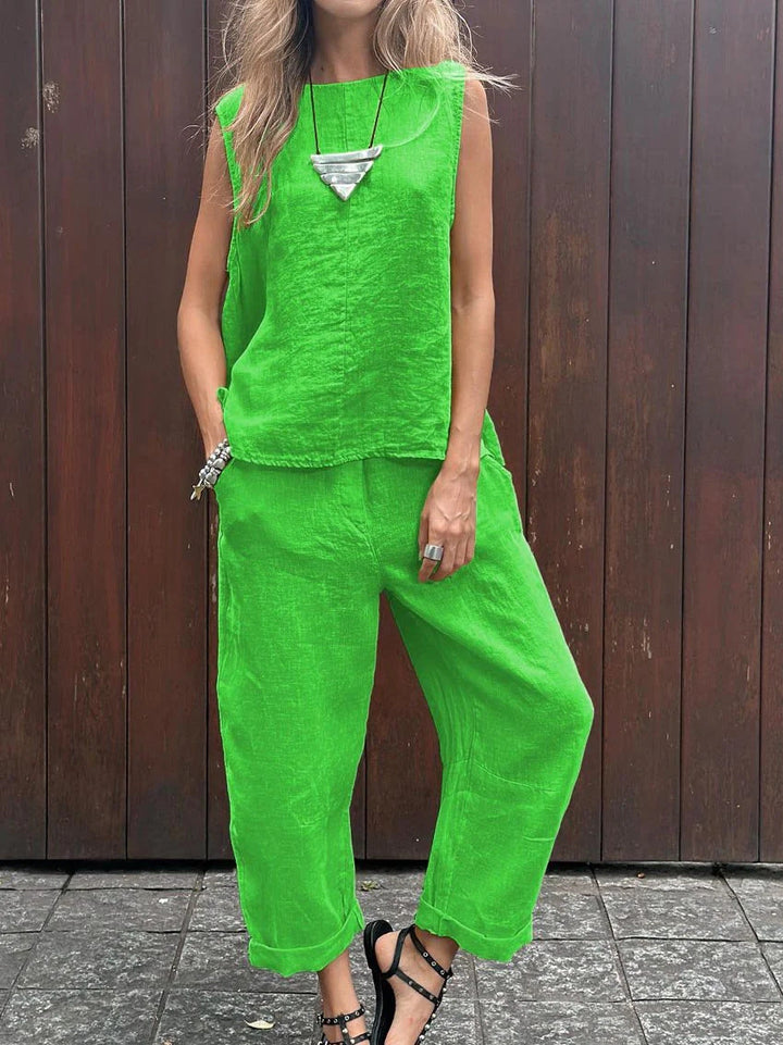 Jemaica - Plain Sleeveless Top and Pants Set