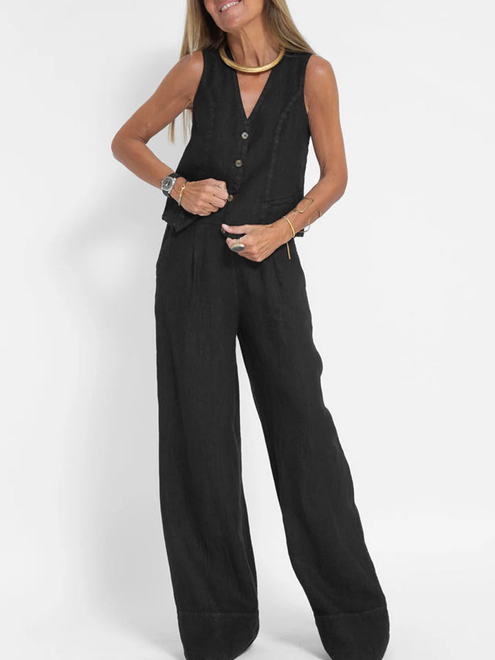 Jamil - Stylish Button Down Vest and Wide Leg Pants Set