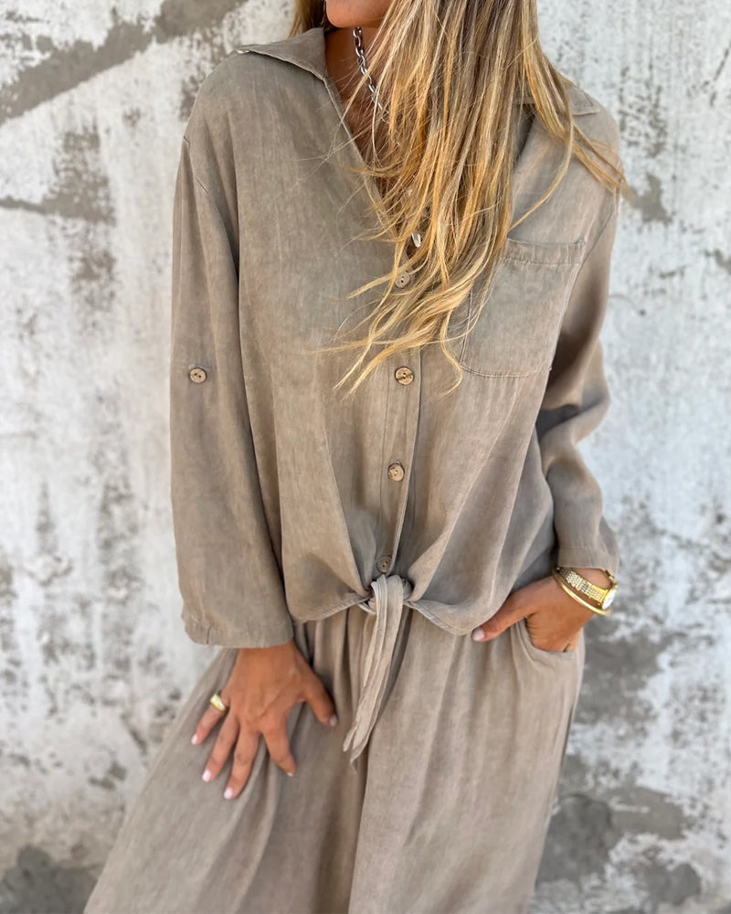Alodia - Oversized Button Down Shirt and Wide Leg Pants Set