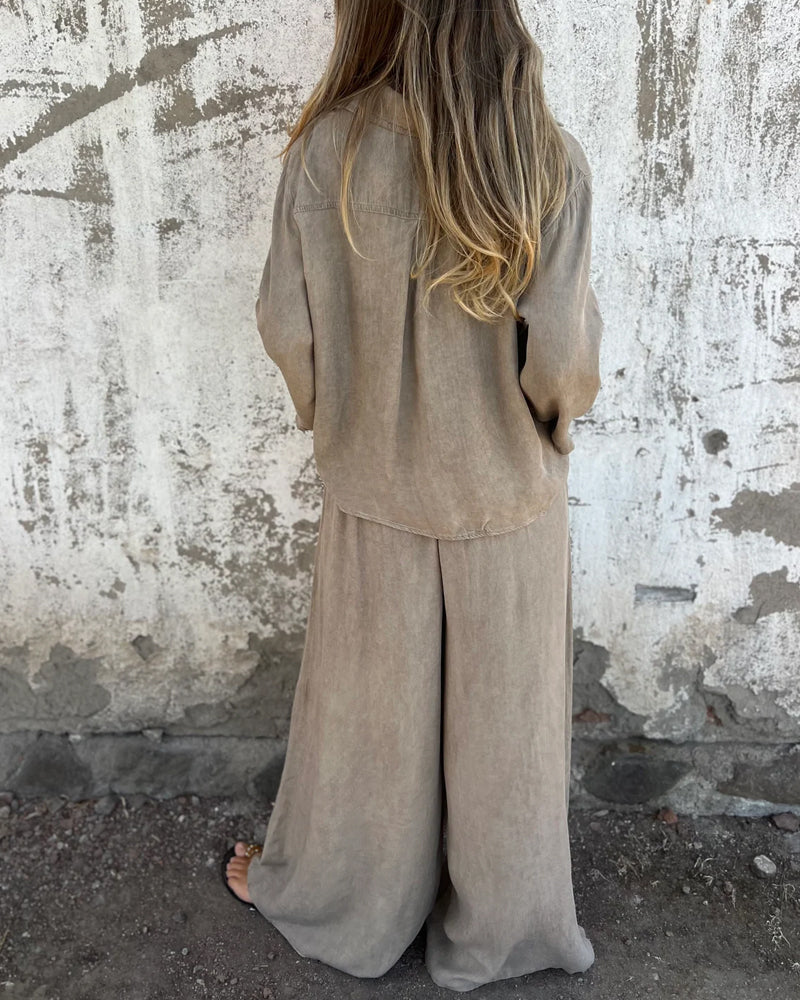 Alodia - Oversized Button Down Shirt and Wide Leg Pants Set