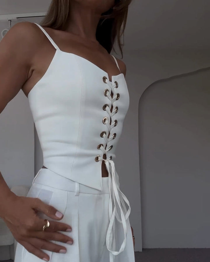 Tracy - Elegant Front Lace Up Top and Wide Leg Pants Set