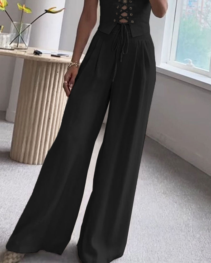 Tracy - Elegant Front Lace Up Top and Wide Leg Pants Set