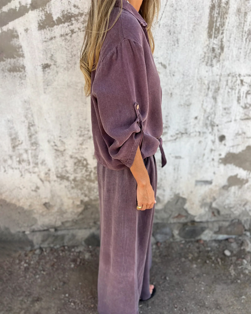 Alodia - Oversized Button Down Shirt and Wide Leg Pants Set