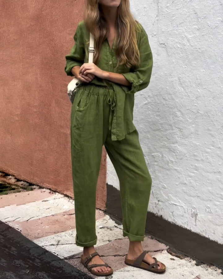 Juriel - Stylish V-Neck Shirt and Pants Set