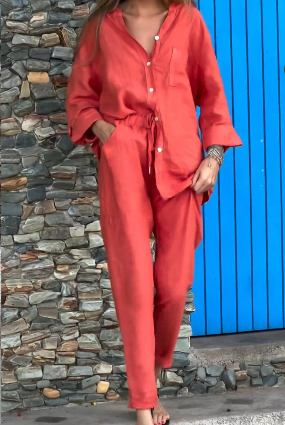 Juriel - Stylish V-Neck Shirt and Pants Set