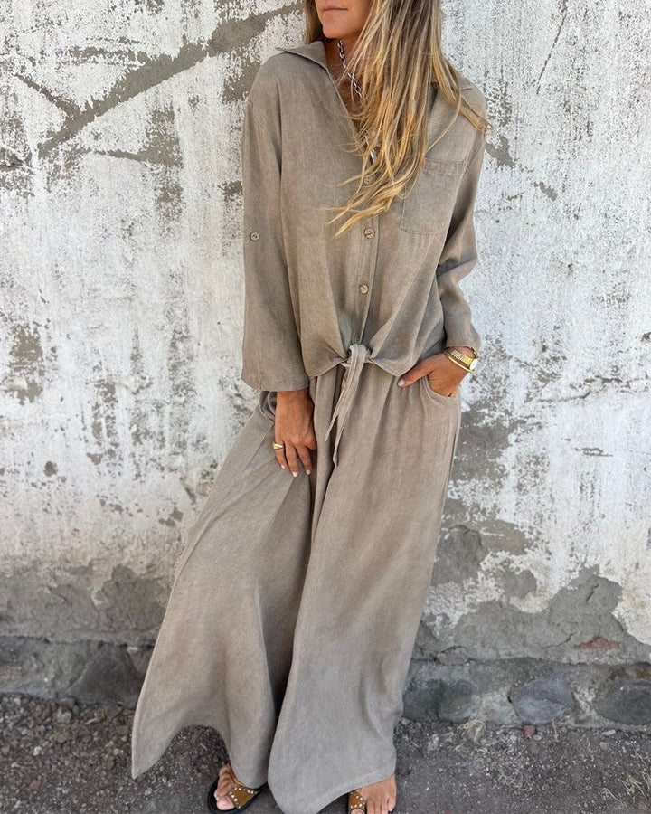 Alodia - Oversized Button Down Shirt and Wide Leg Pants Set