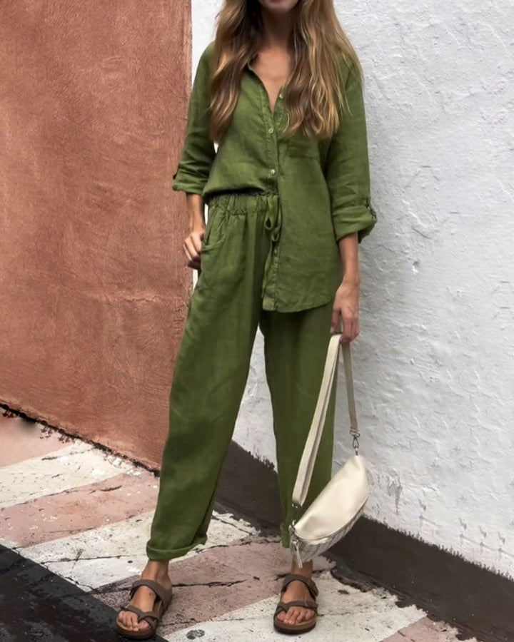 Juriel - Stylish V-Neck Shirt and Pants Set