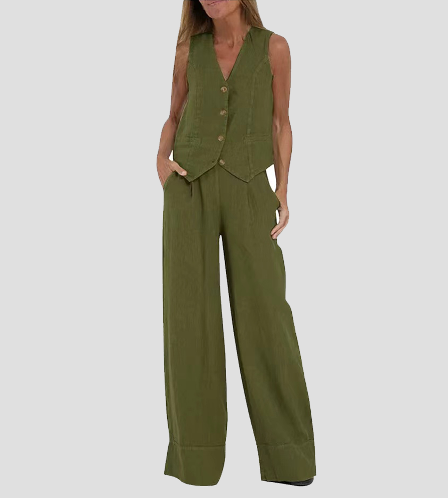 Jamil - Stylish Button Down Vest and Wide Leg Pants Set