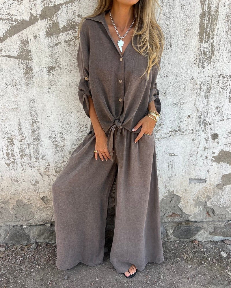Alodia - Oversized Button Down Shirt and Wide Leg Pants Set