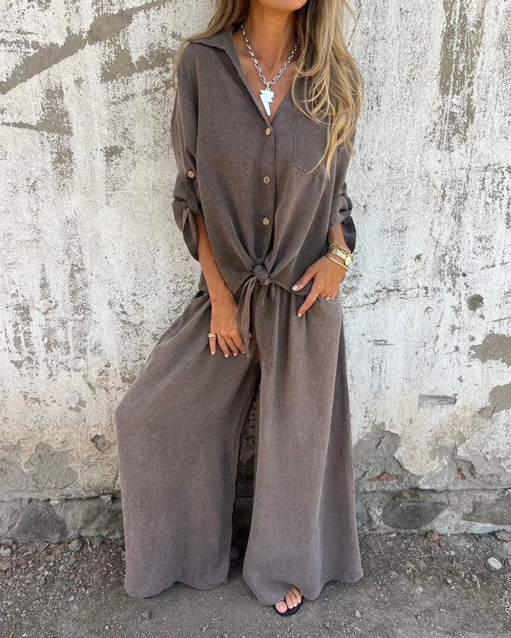 Alodia - Oversized Button Down Shirt and Wide Leg Pants Set