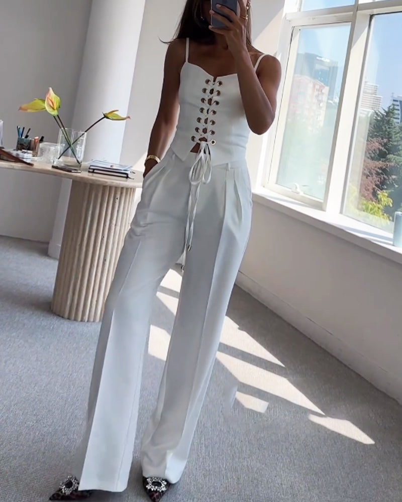 Tracy - Elegant Front Lace Up Top and Wide Leg Pants Set