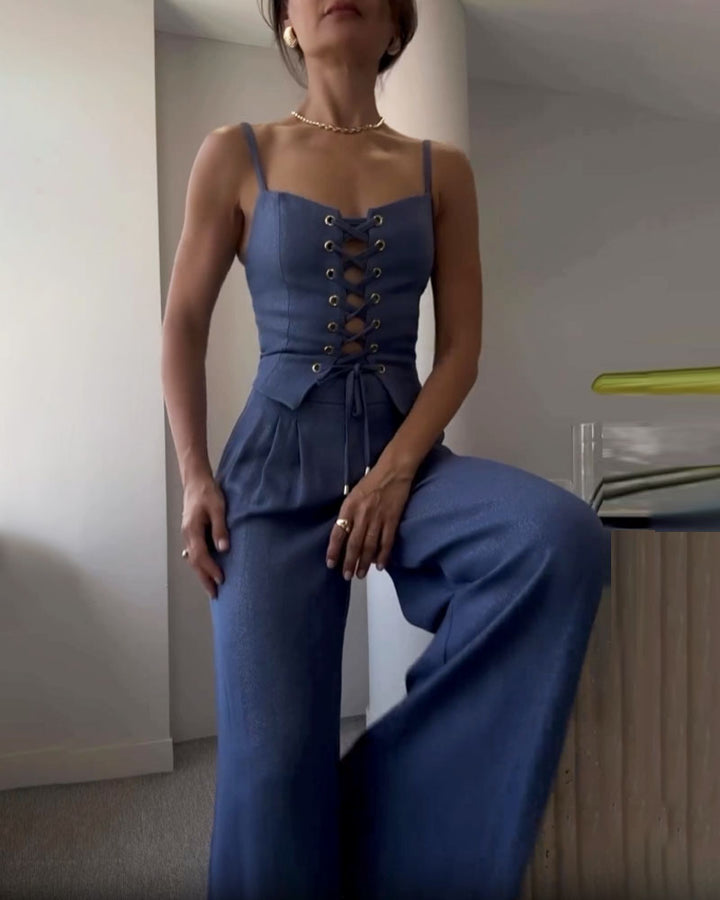 Tracy - Elegant Front Lace Up Top and Wide Leg Pants Set