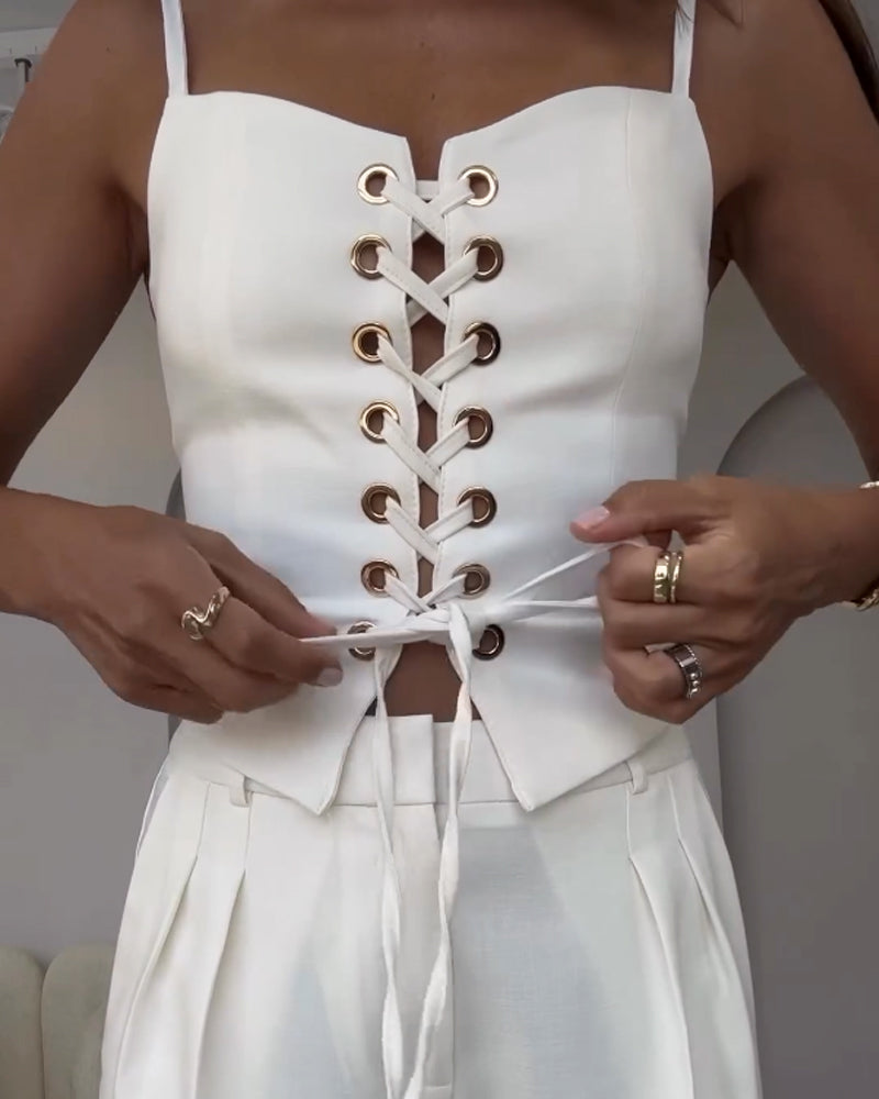 Tracy - Elegant Front Lace Up Top and Wide Leg Pants Set