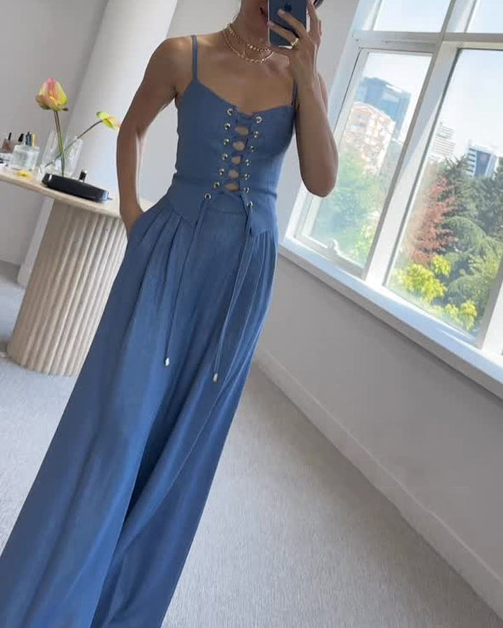 Tracy - Elegant Front Lace Up Top and Wide Leg Pants Set