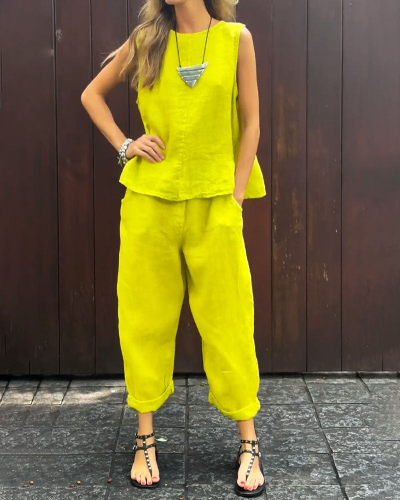 Jemaica - Plain Sleeveless Top and Pants Set