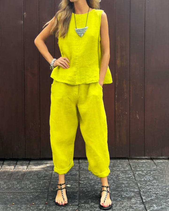 Jemaica - Plain Sleeveless Top and Pants Set