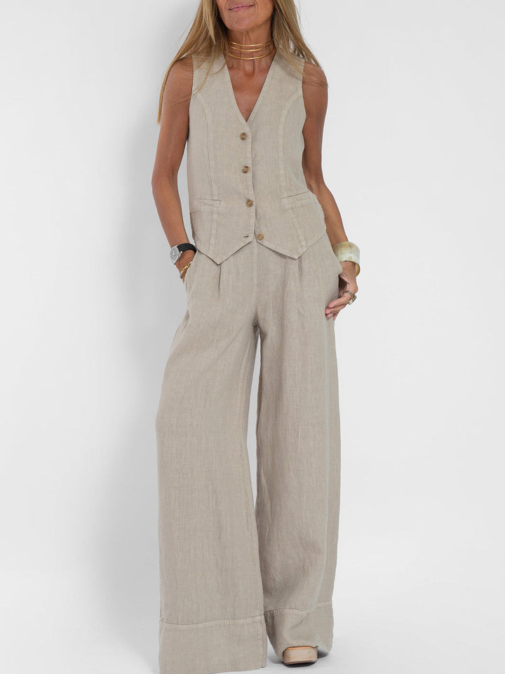 Jamil - Stylish Button Down Vest and Wide Leg Pants Set