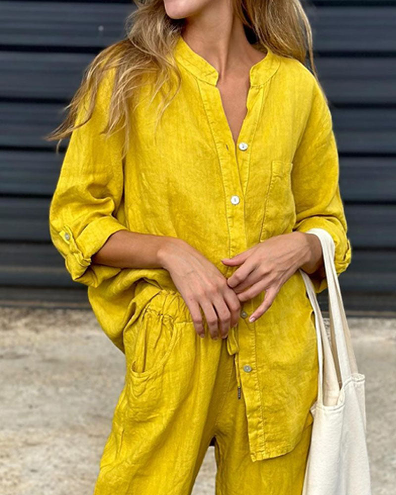 Juriel - Stylish V-Neck Shirt and Pants Set