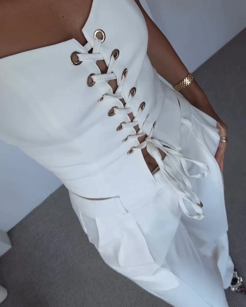 Tracy - Elegant Front Lace Up Top and Wide Leg Pants Set
