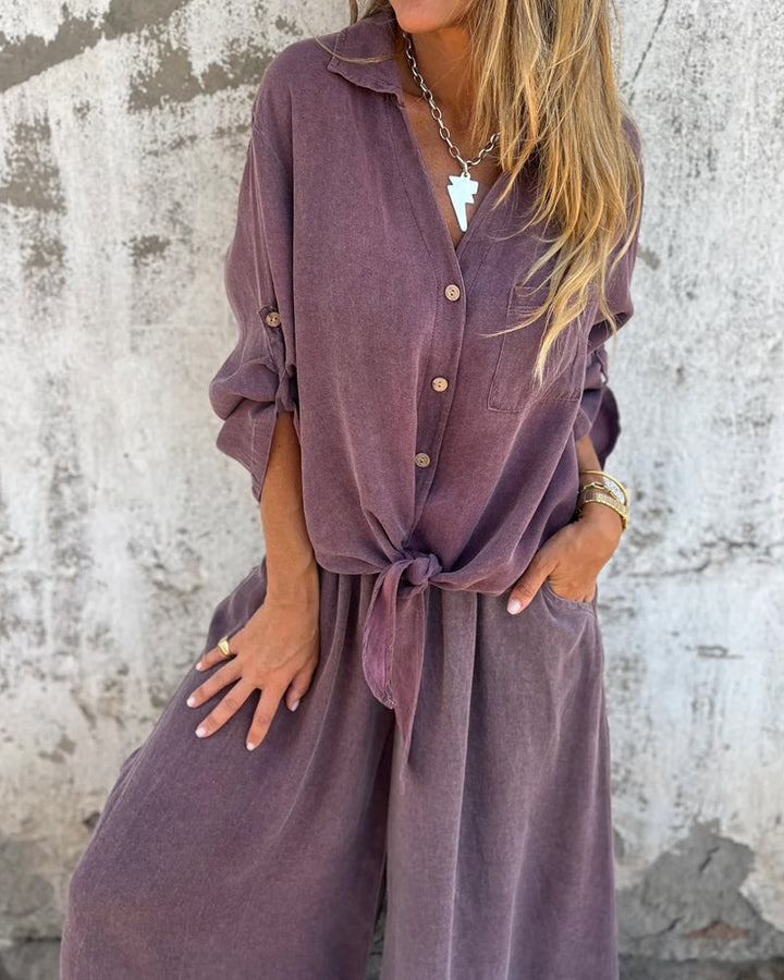 Alodia - Oversized Button Down Shirt and Wide Leg Pants Set