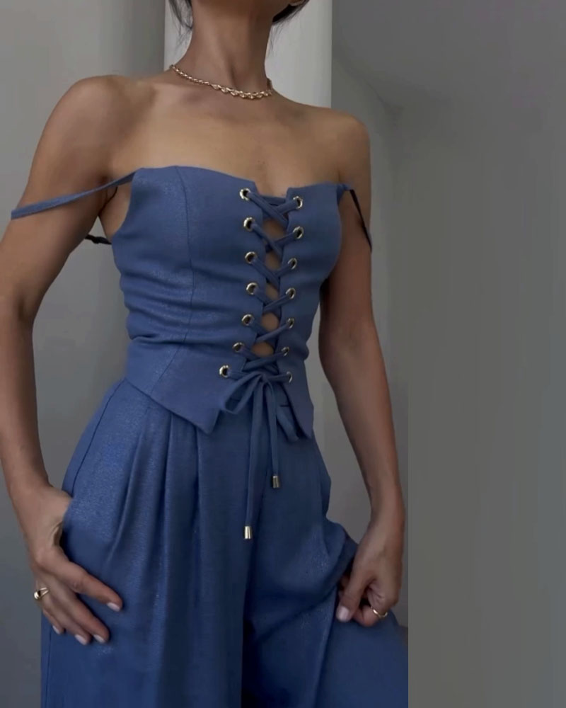 Tracy - Elegant Front Lace Up Top and Wide Leg Pants Set