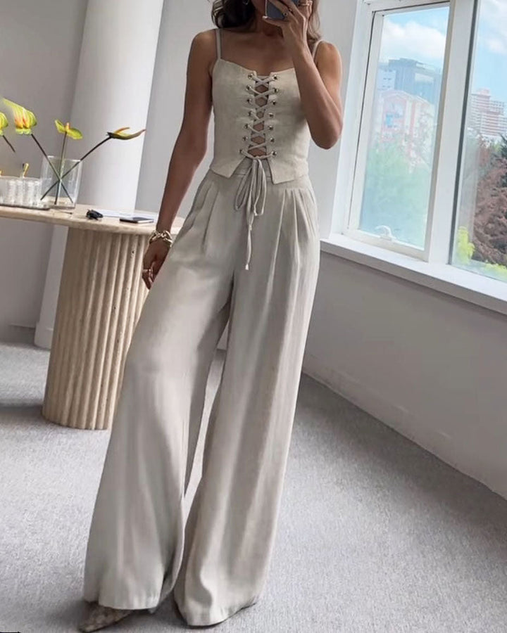 Tracy - Elegant Front Lace Up Top and Wide Leg Pants Set