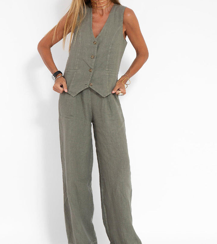 Jamil - Stylish Button Down Vest and Wide Leg Pants Set