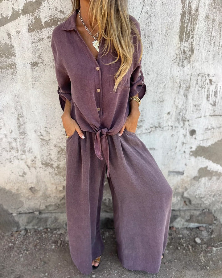 Alodia - Oversized Button Down Shirt and Wide Leg Pants Set