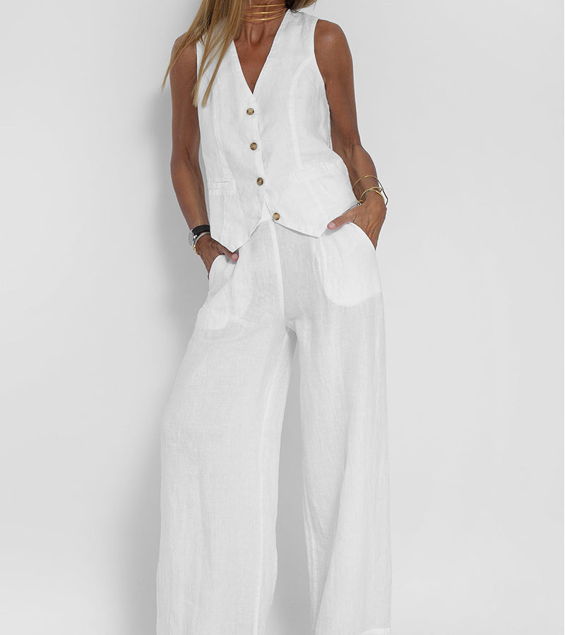 Jamil - Stylish Button Down Vest and Wide Leg Pants Set