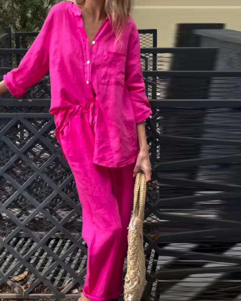 Juriel - Stylish V-Neck Shirt and Pants Set