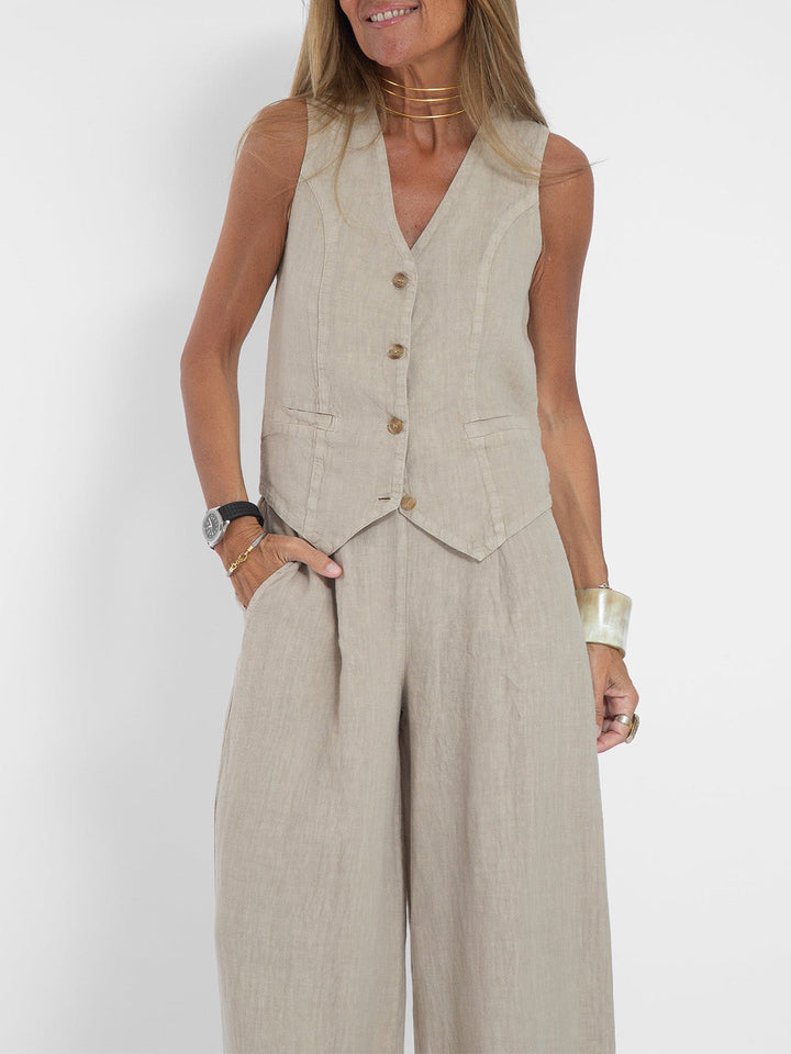 Jamil - Stylish Button Down Vest and Wide Leg Pants Set