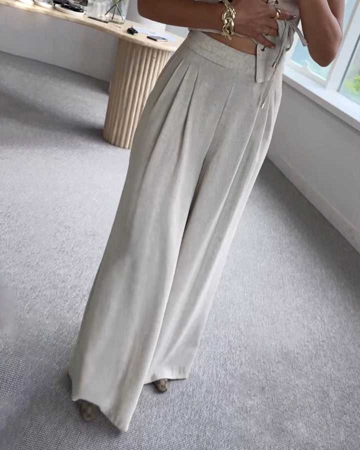Tracy - Elegant Front Lace Up Top and Wide Leg Pants Set