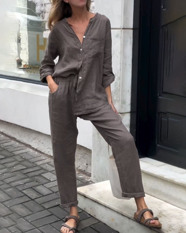 Juriel - Stylish V-Neck Shirt and Pants Set