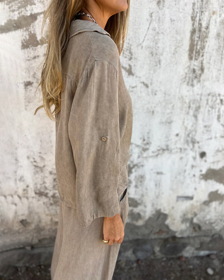 Alodia - Oversized Button Down Shirt and Wide Leg Pants Set