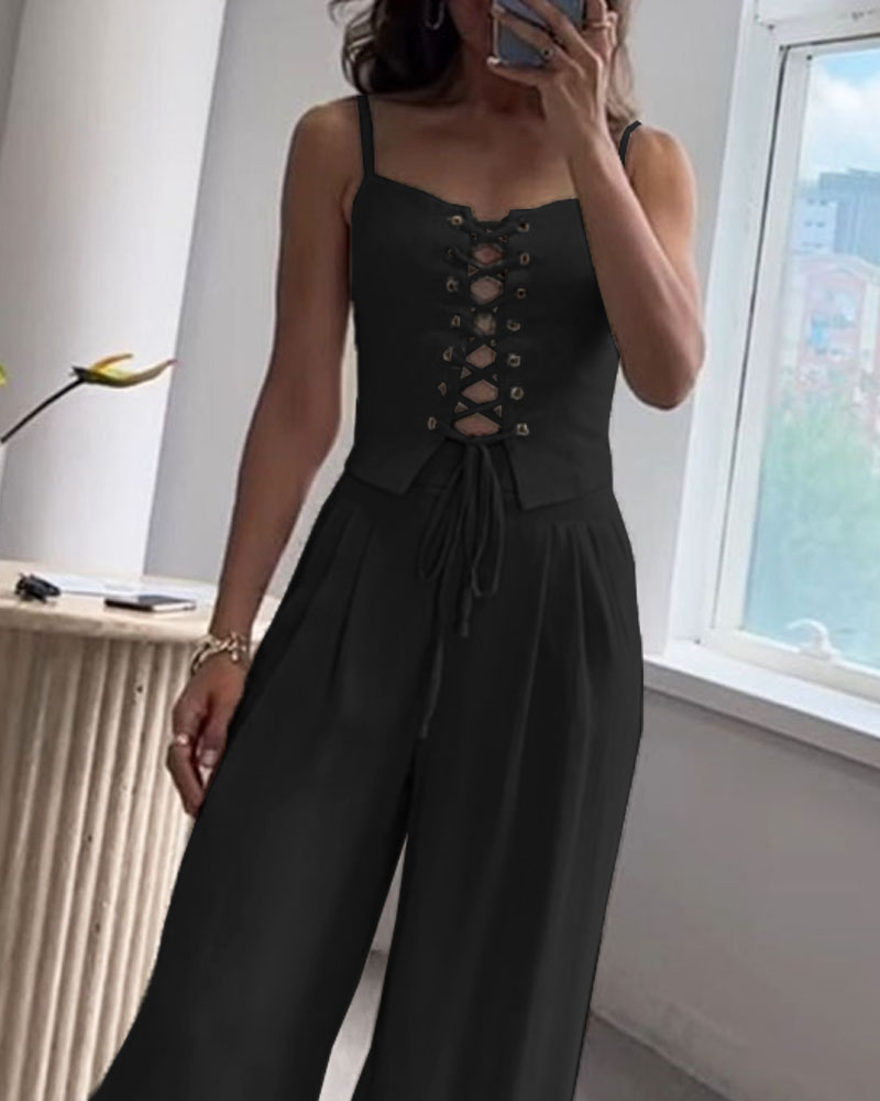 Tracy - Elegant Front Lace Up Top and Wide Leg Pants Set