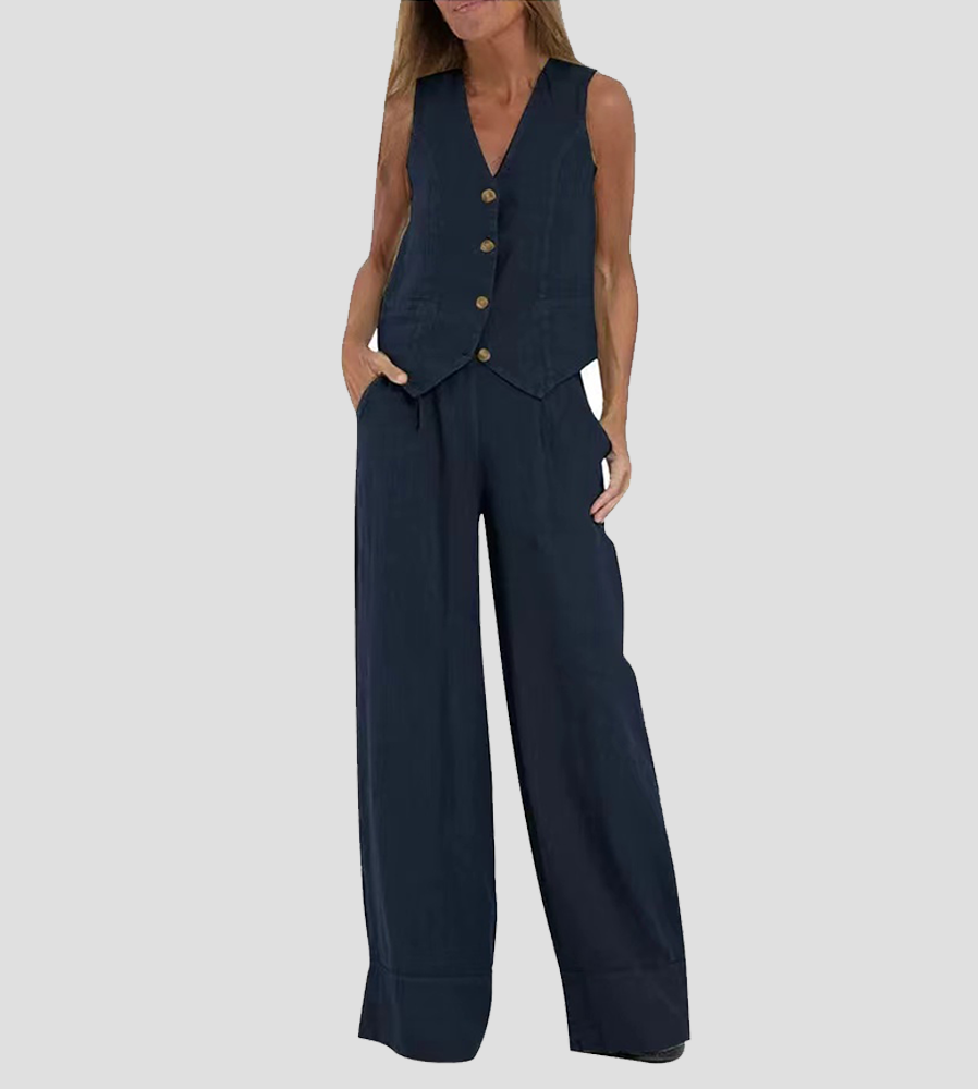Jamil - Stylish Button Down Vest and Wide Leg Pants Set