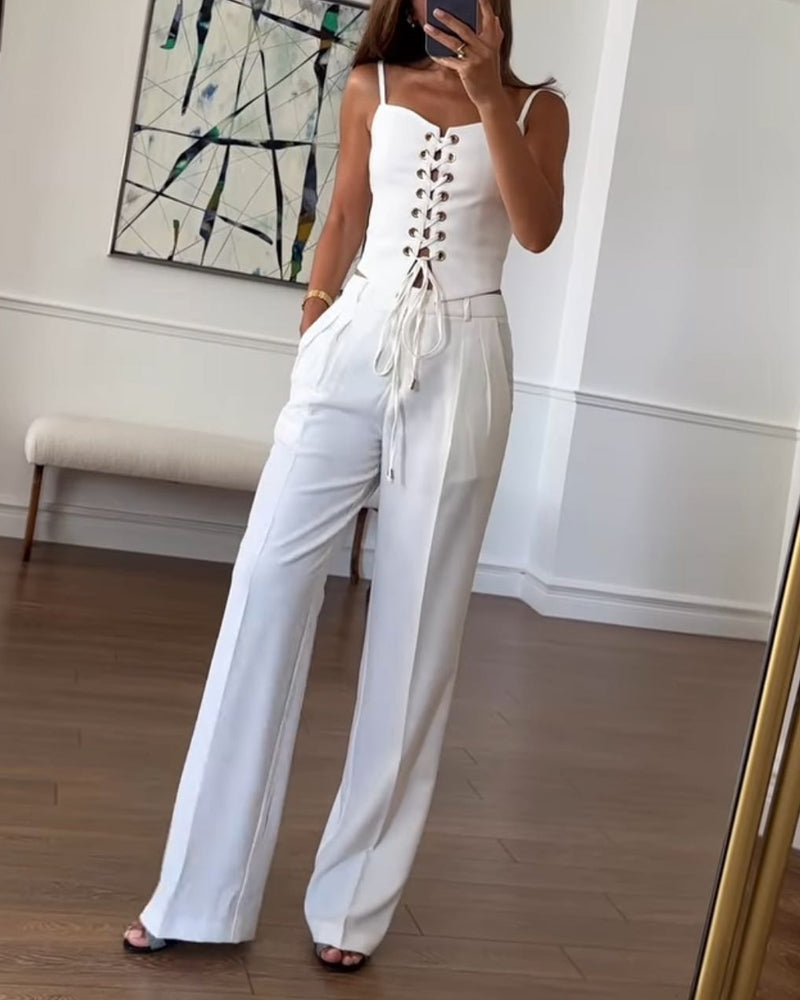 Tracy - Elegant Front Lace Up Top and Wide Leg Pants Set