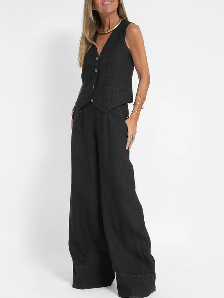 Jamil - Stylish Button Down Vest and Wide Leg Pants Set
