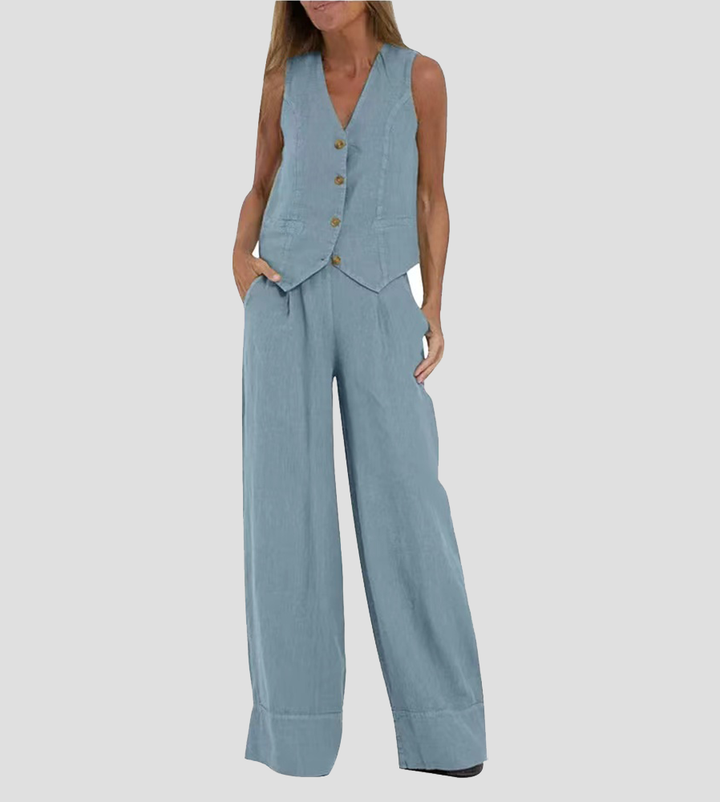 Jamil - Stylish Button Down Vest and Wide Leg Pants Set