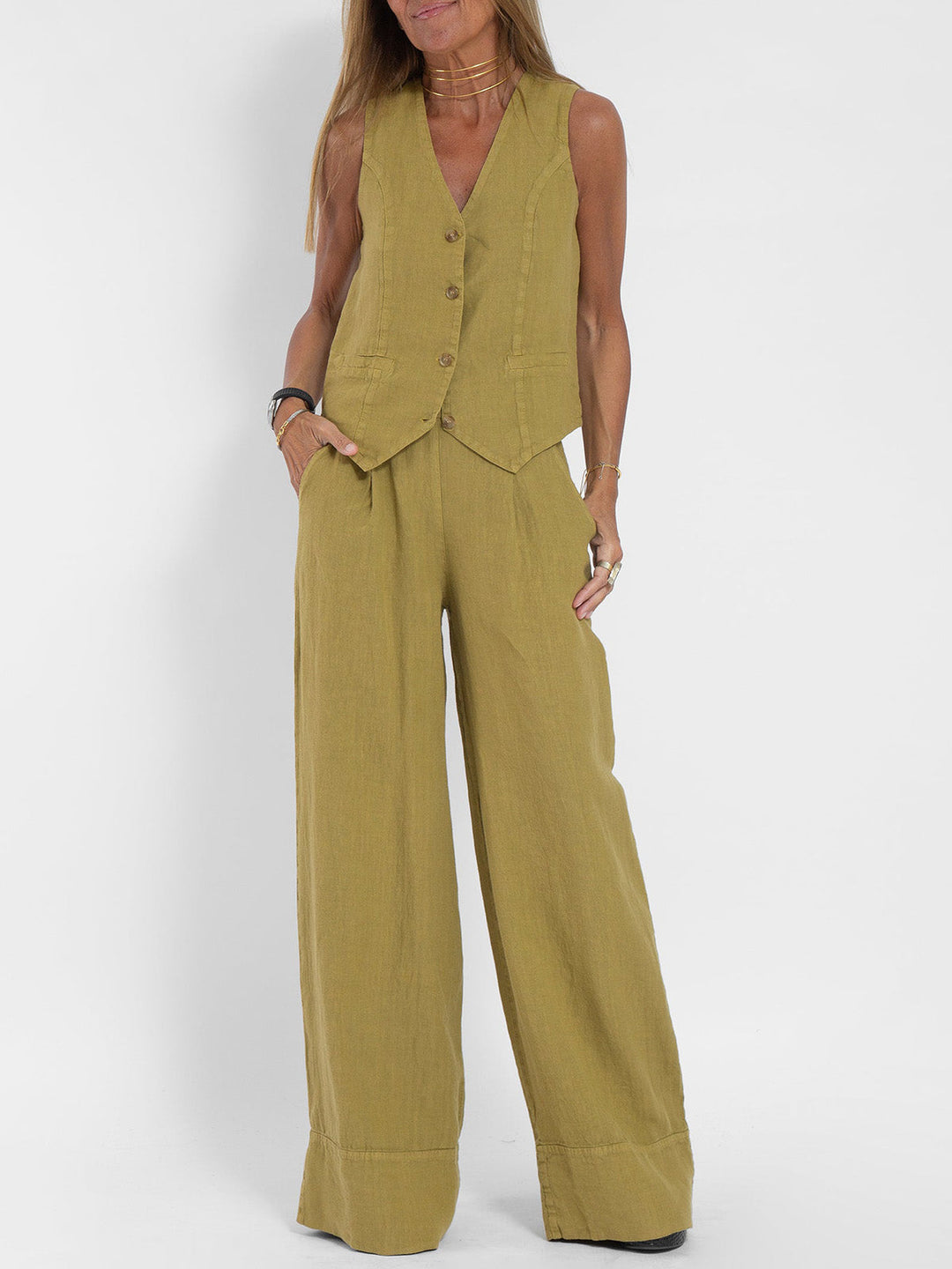 Jamil - Stylish Button Down Vest and Wide Leg Pants Set